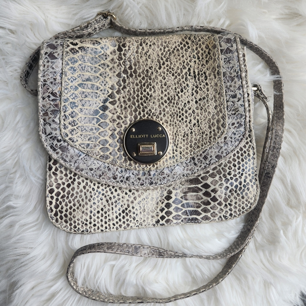 Elliot Lucca Gray Leather Snake Print Crossbody Clutch Purse